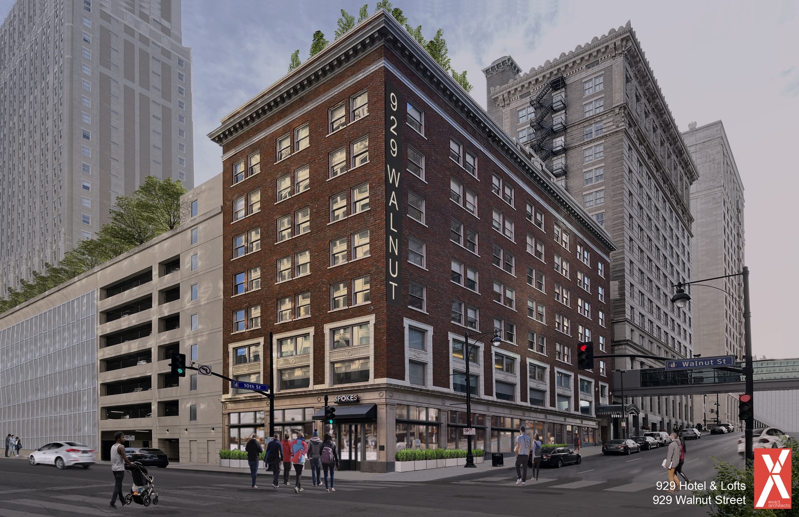 Restored 1922 facade of 929 Walnut, downtown Kansas City office-to-residential conversion