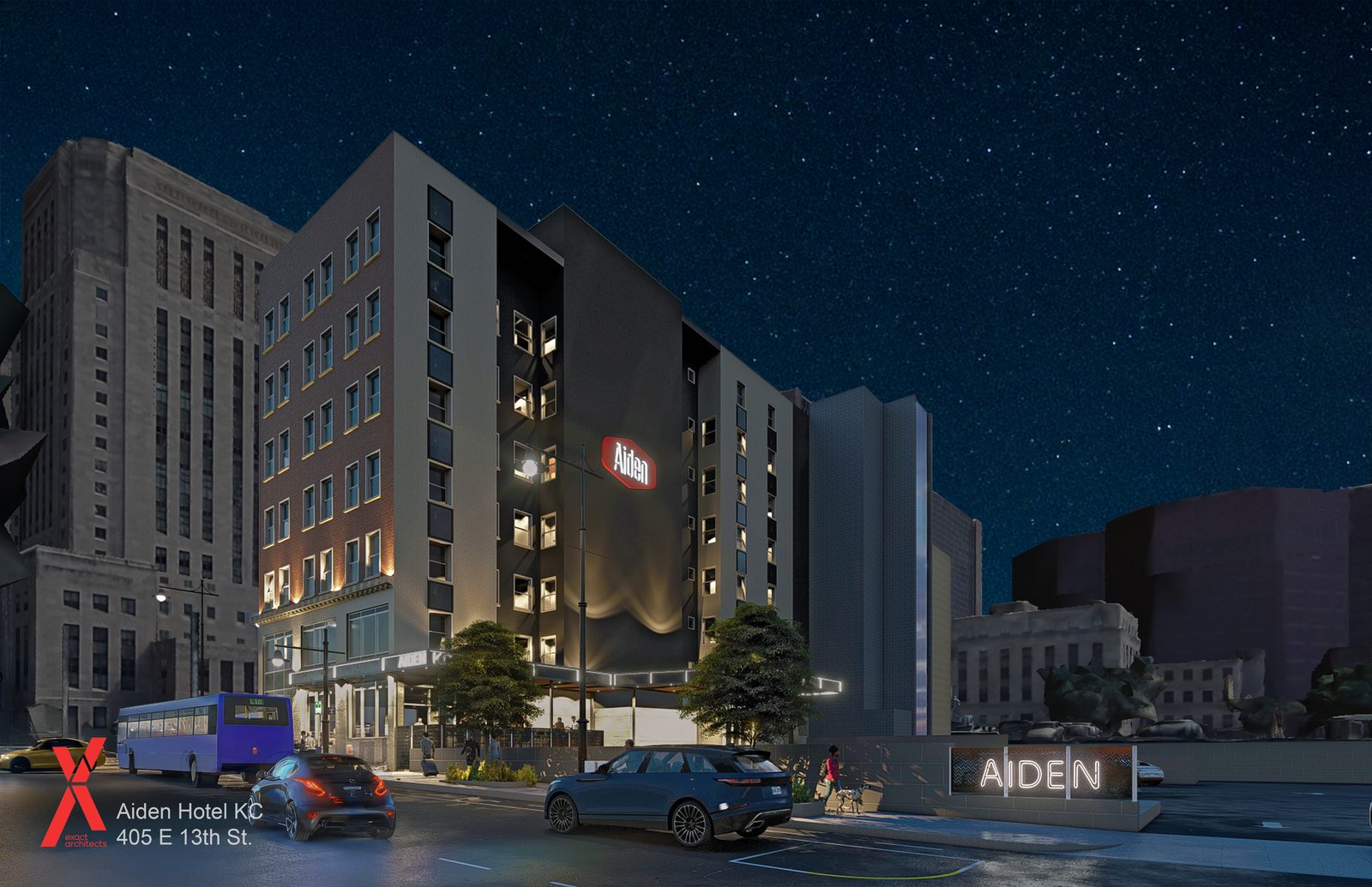 Exterior rendering of the Aiden Hotel, downtown Kansas City